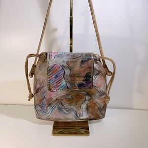 Hand painted Jane Yoo Original Pastel Abstract Leather Drawstring Bucket